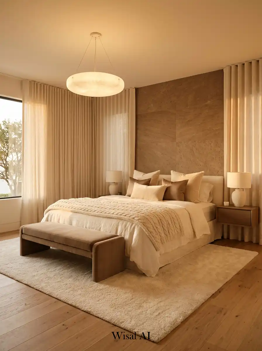 Luxurious bedroom design featuring mocha brown and cream tones creating a warm organic and elegant modern interior atmosphere.