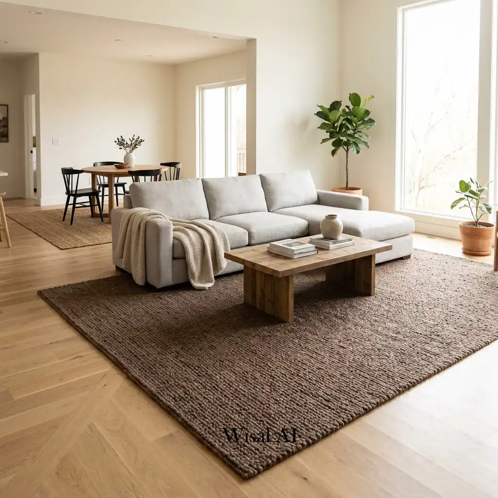 Living room with mocha rug and soft neutral apartment decor
