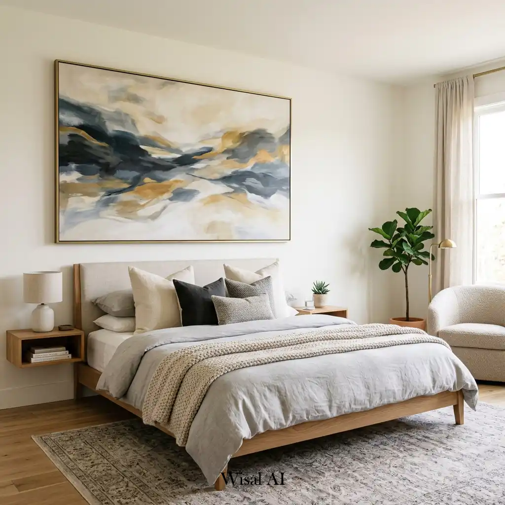 Modern bedroom featuring oversized artwork above the bed.