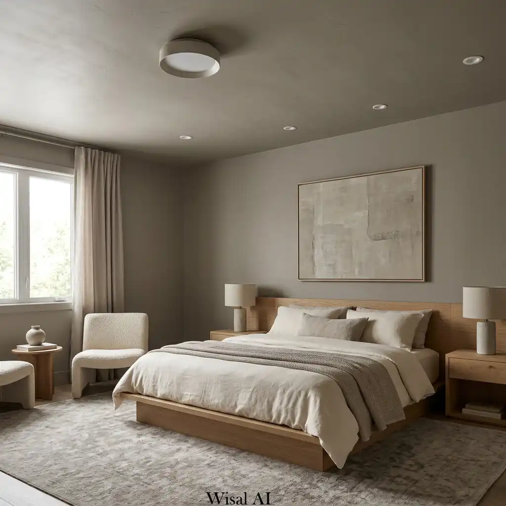 Elegant monochromatic bedroom with walls and ceiling painted in the same soft neutral color.