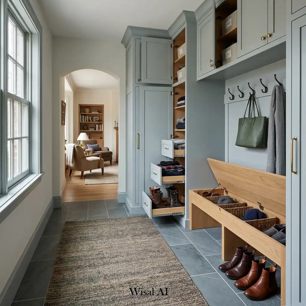 Modern mudroom with concealed storage solutions and streamlined organization