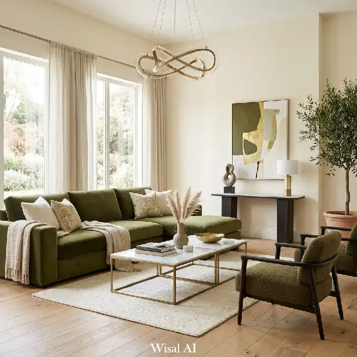 Luxury olive green living room with marble coffee table, brass details, and elegant furniture
