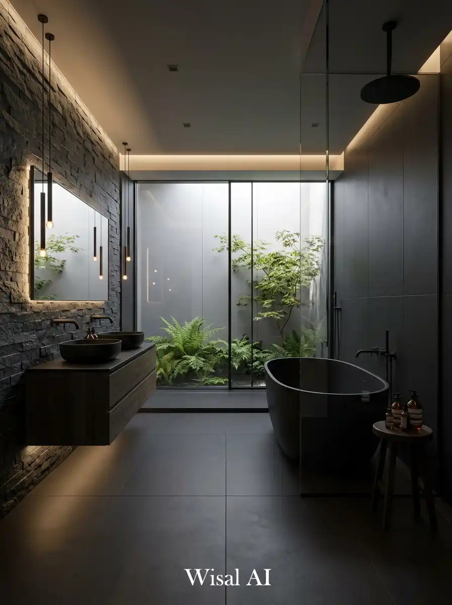 Balanced black bathroom design with warm lighting and modern luxury architectural style.