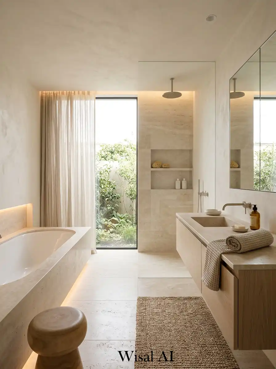 Perfect spa bathroom with blended neutral tones, soft lighting, and balanced luxury design.