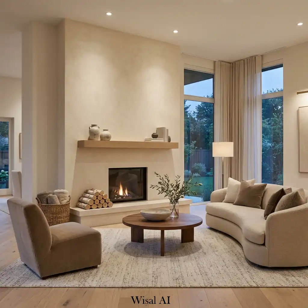 Quiet luxury fireplace with premium materials and elegant neutral tones