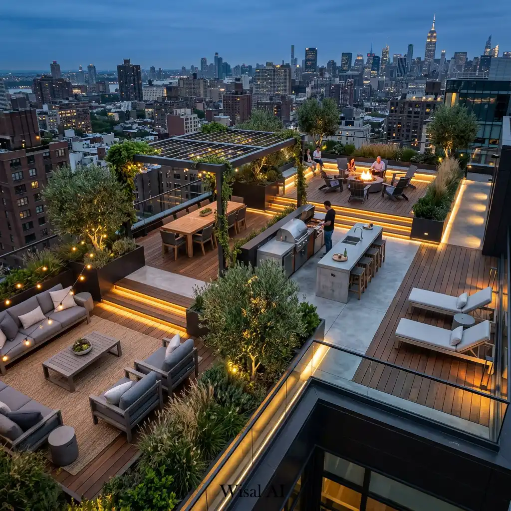 Spacious rooftop terrace divided into lounge, dining, and entertainment zones
