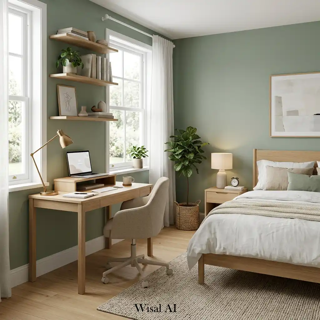 Sage green bedroom with a minimalist white oak workspace near a window.