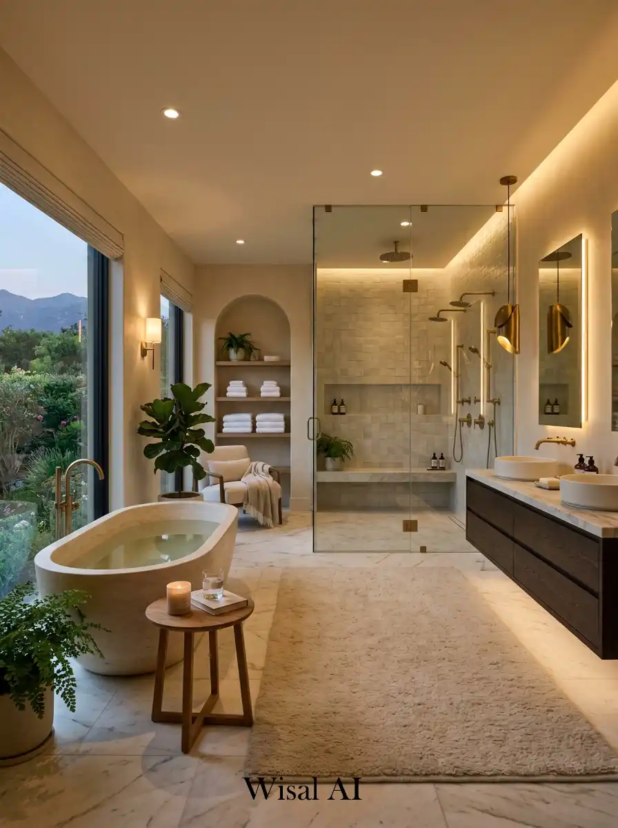 Boutique hotel inspired luxury bathroom with warm textures and elegant spa atmosphere