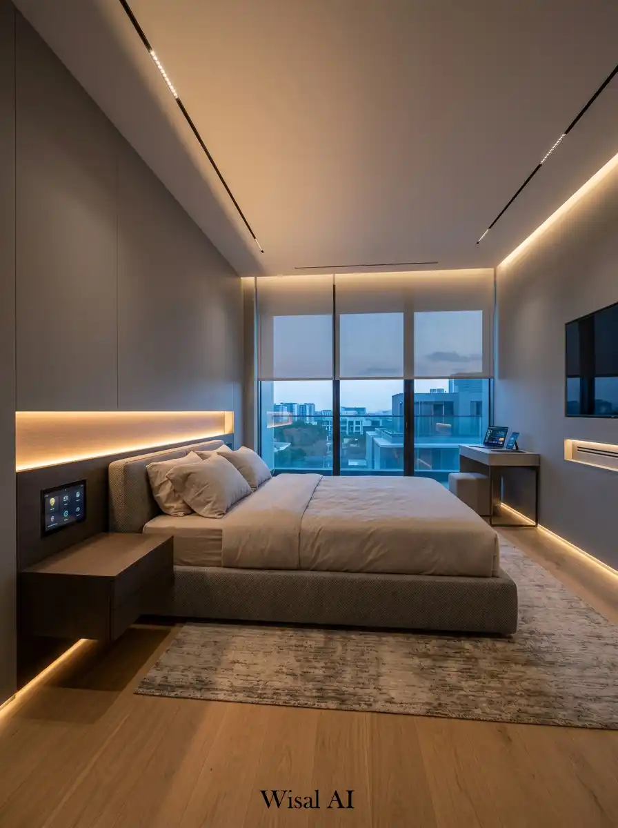 Advanced smart bedroom with automated lighting climate and controls.