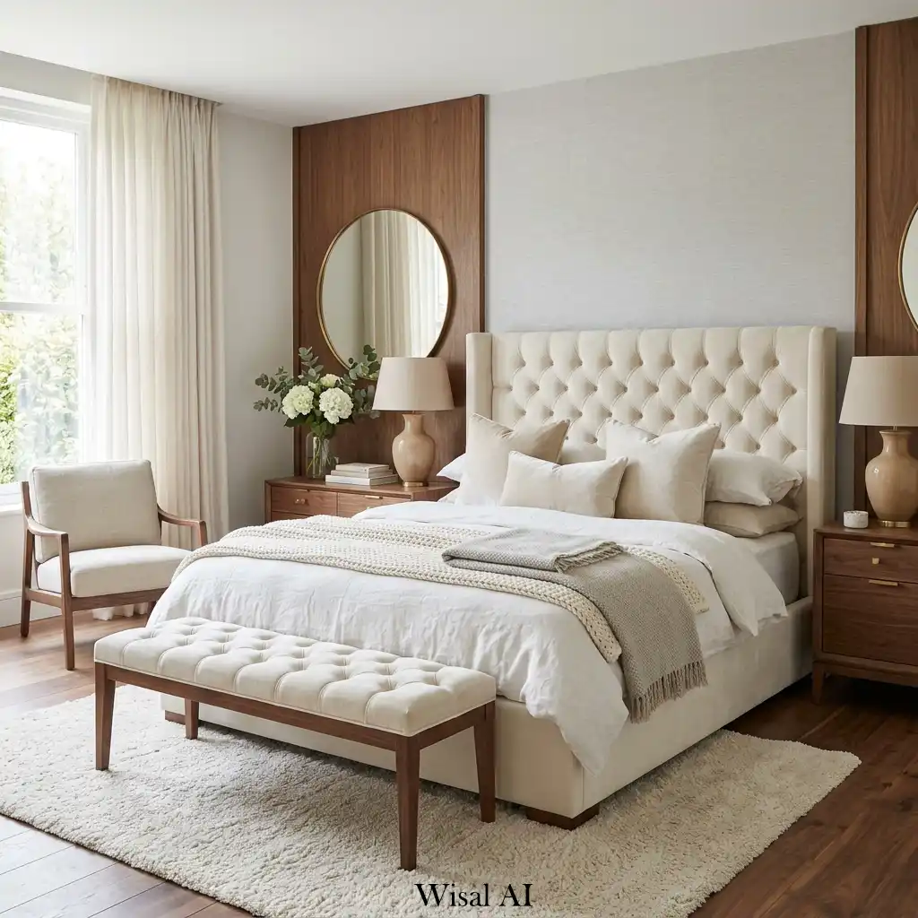 Soft luxury bedroom with cream velvet and walnut details