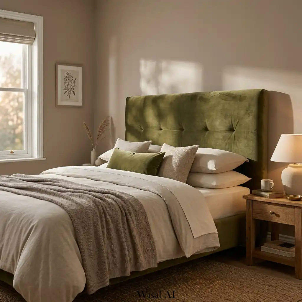 20. Soft Shadow Bedroom with a Velvet Headboard
