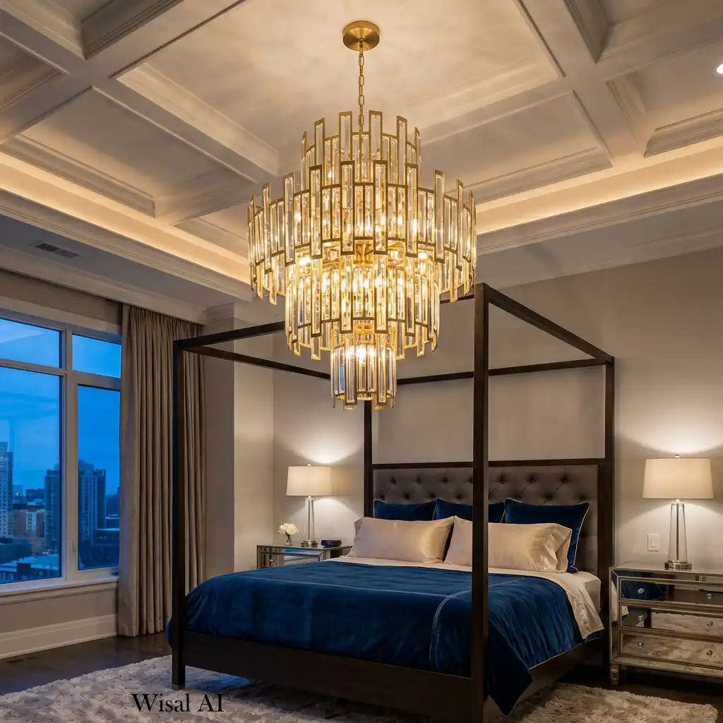 Luxury bedroom with statement chandelier and elegant interior styling
