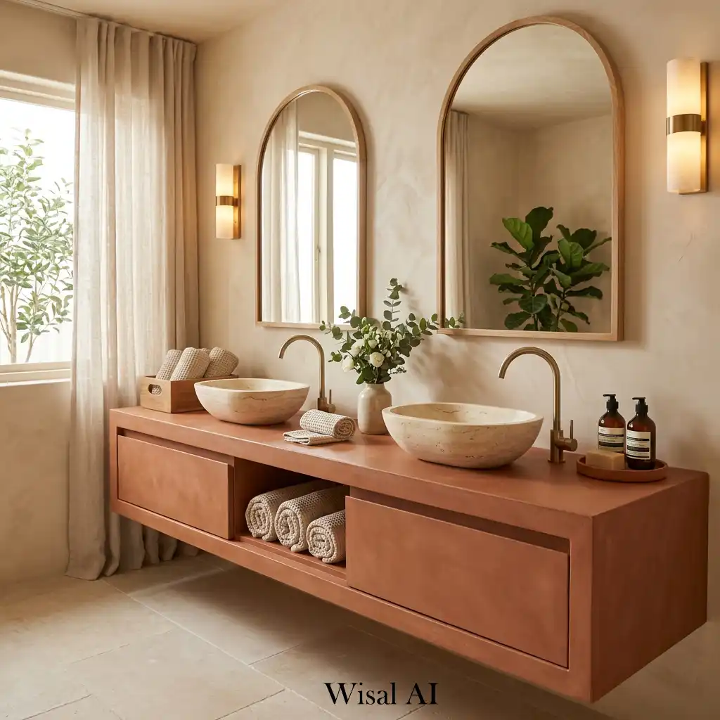 Bathroom vanity with terracotta warm modern design style