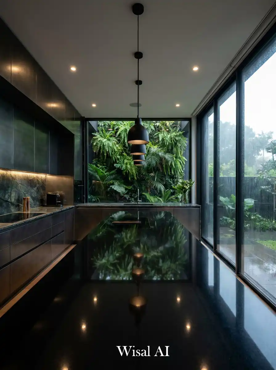 20. Obsidian Reflections & Biophilic Greenery Kitchen