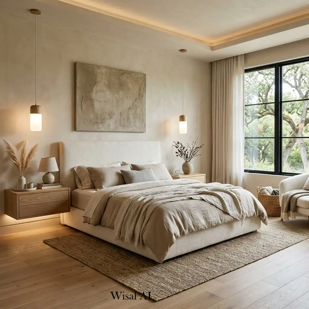 Organic modern white oak bedroom featuring travertine accents and layered lighting.