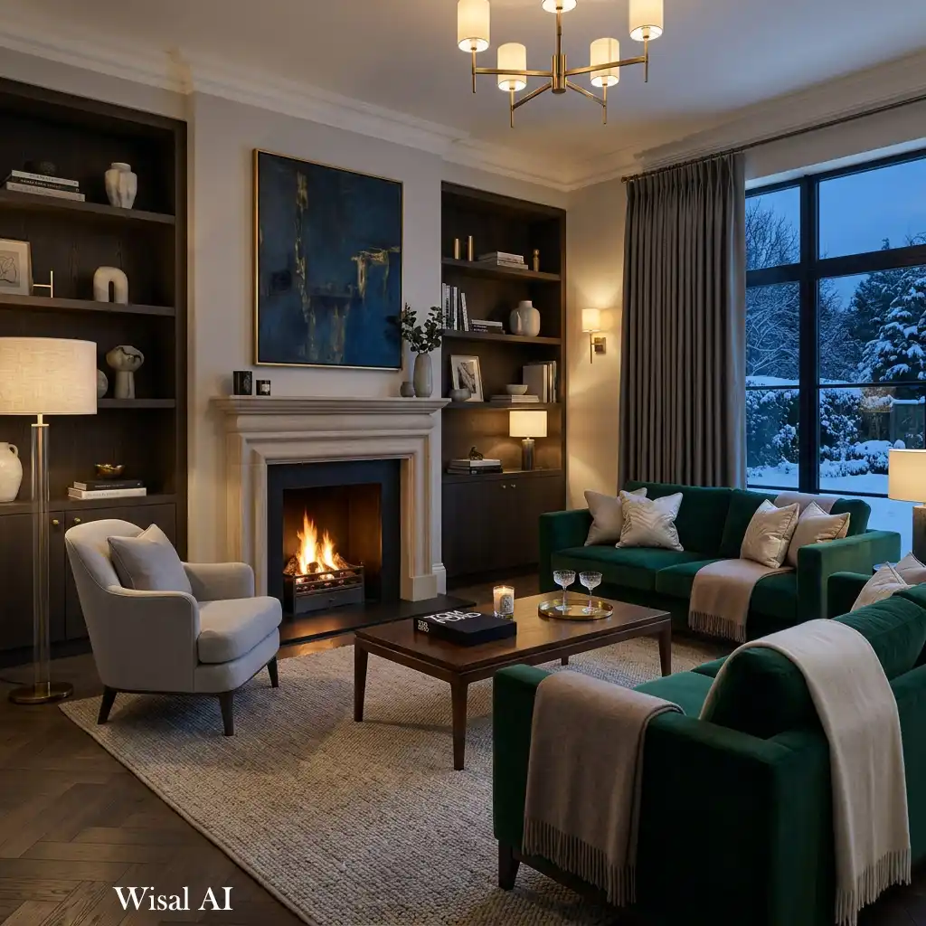 Hotel-inspired winter living room with sophisticated layered décor.