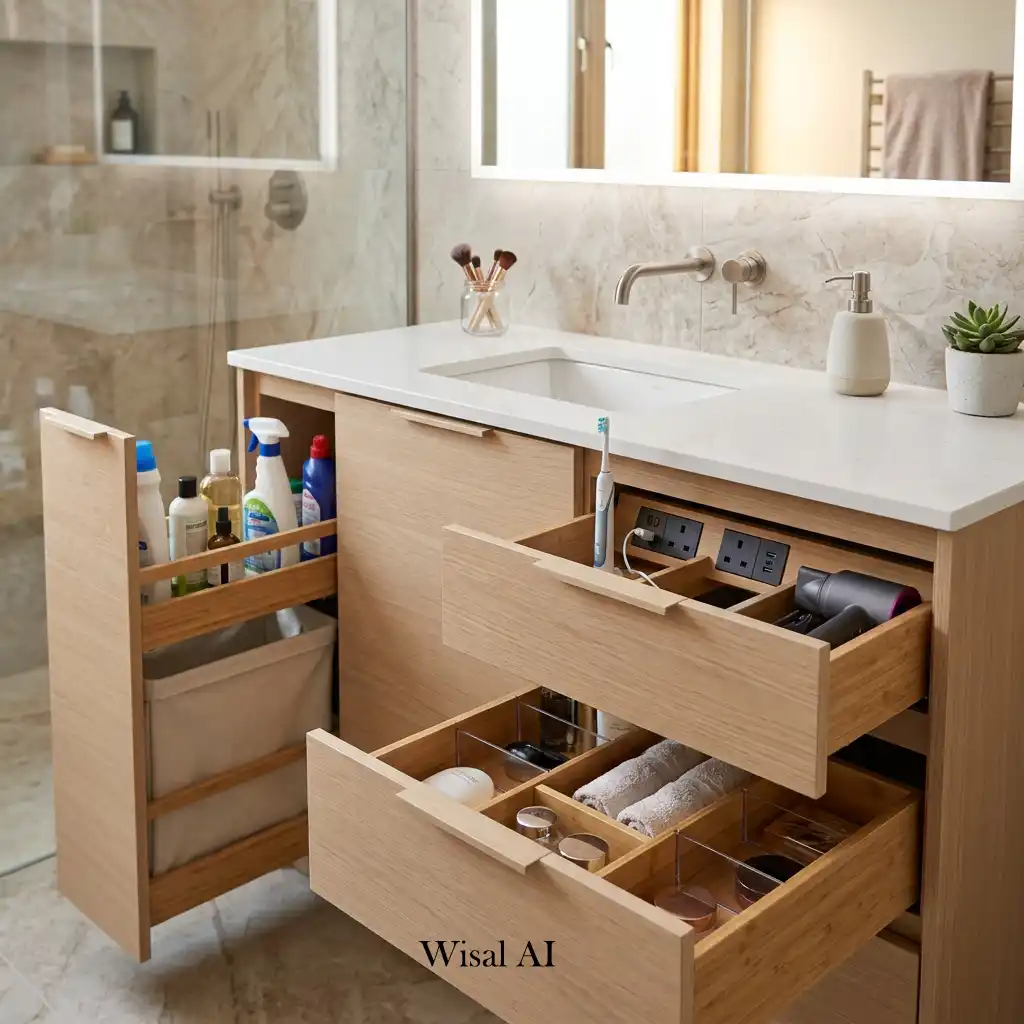 Contemporary bathroom vanity with smart storage features and floating cabinetry.