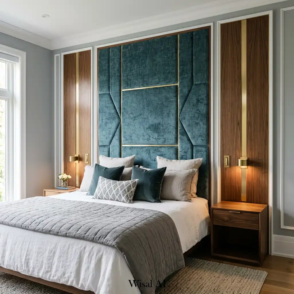 Luxury bedroom with mixed-material wall paneling design.