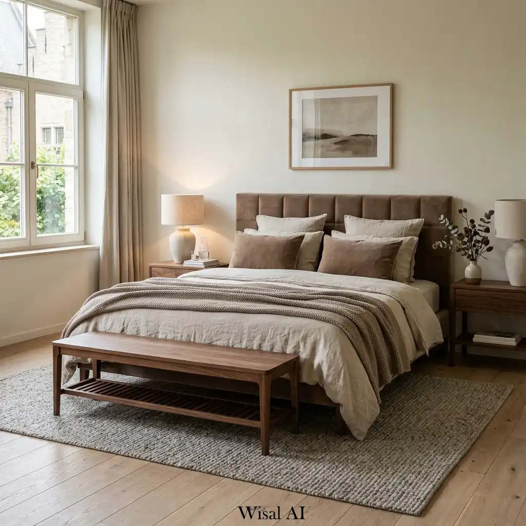 Belgian inspired bedroom with mocha velvet and walnut furniture