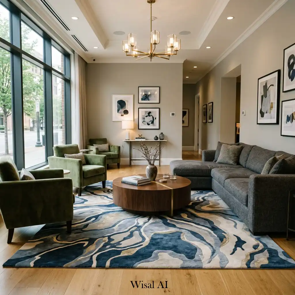 Luxury living room anchored by a large statement rug and sophisticated furnishings