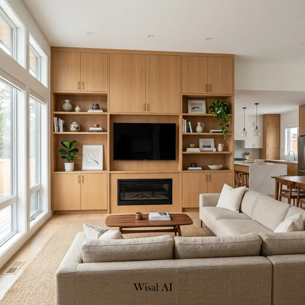 Open living room with custom built-in storage and clean design