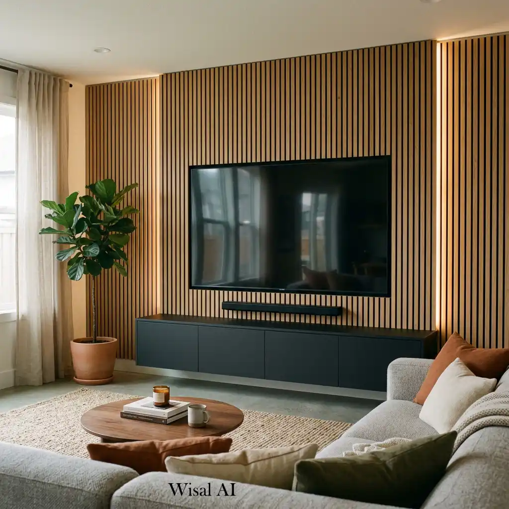 Acoustic wood panel TV wall with floating cabinets and integrated speakers.