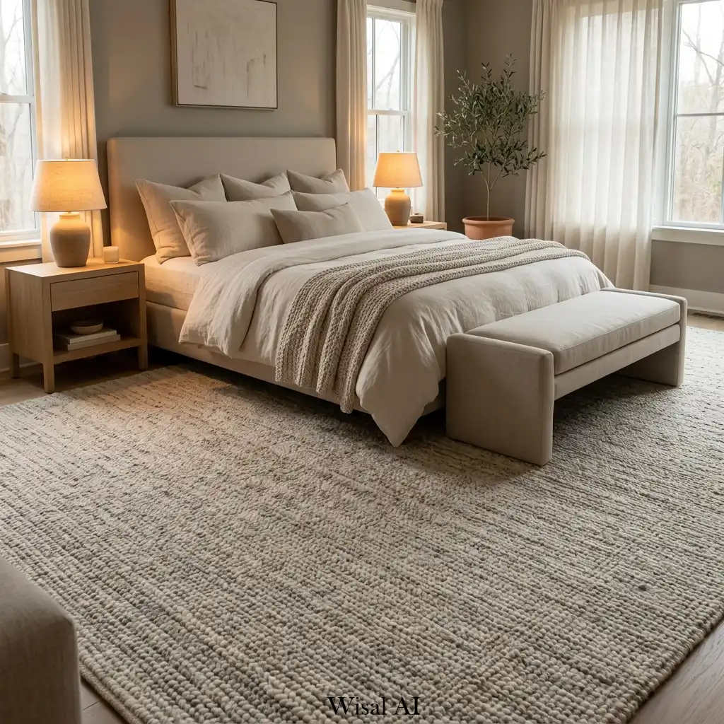 21. Calm Luxury Bedroom with Textured Area Rugs