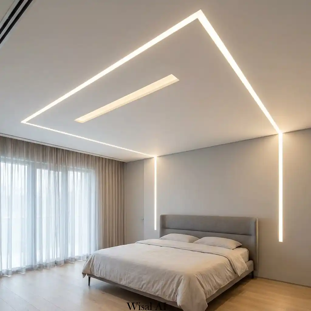 Modern bedroom featuring integrated linear LED lighting built into the ceiling.