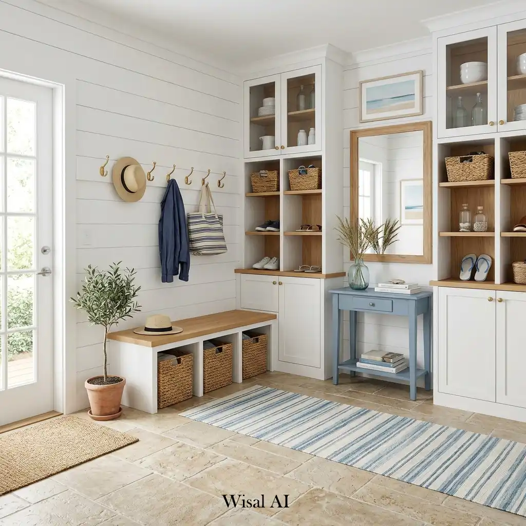 Coastal-inspired mudroom with light colors, natural textures, and airy design