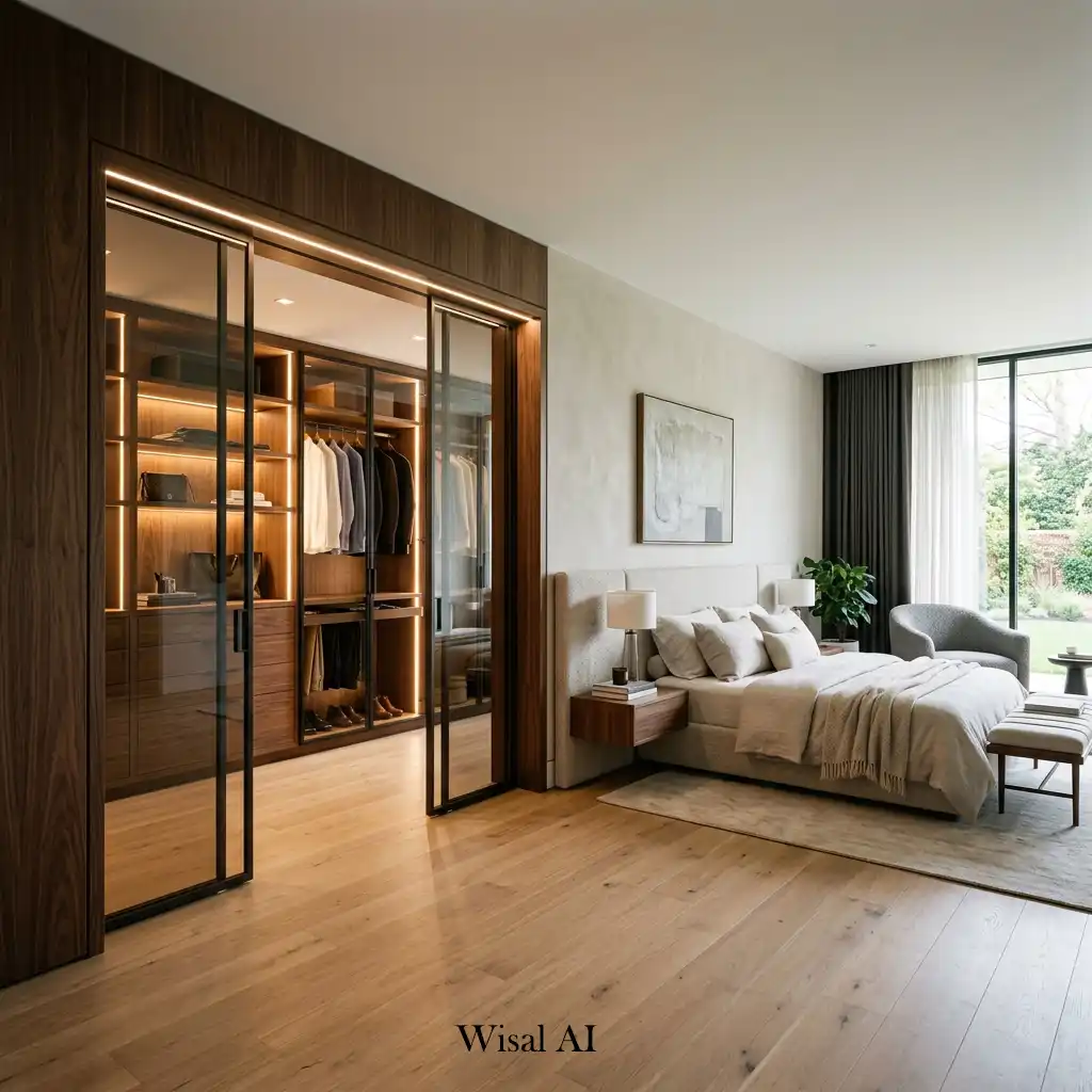 High-end bedroom connected to a custom walk-in closet through elegant architectural detailing