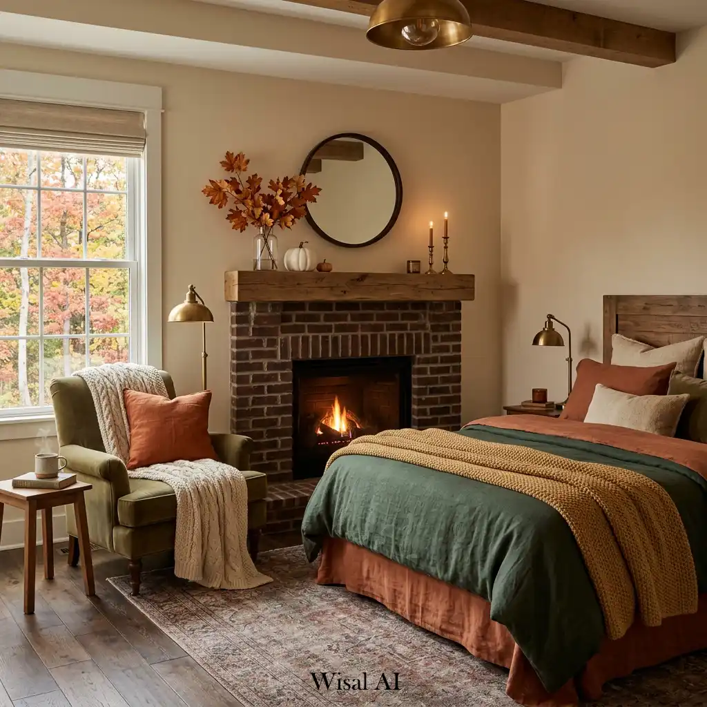 Cozy autumn bedroom with a beautiful fireplace feature and soft lighting.