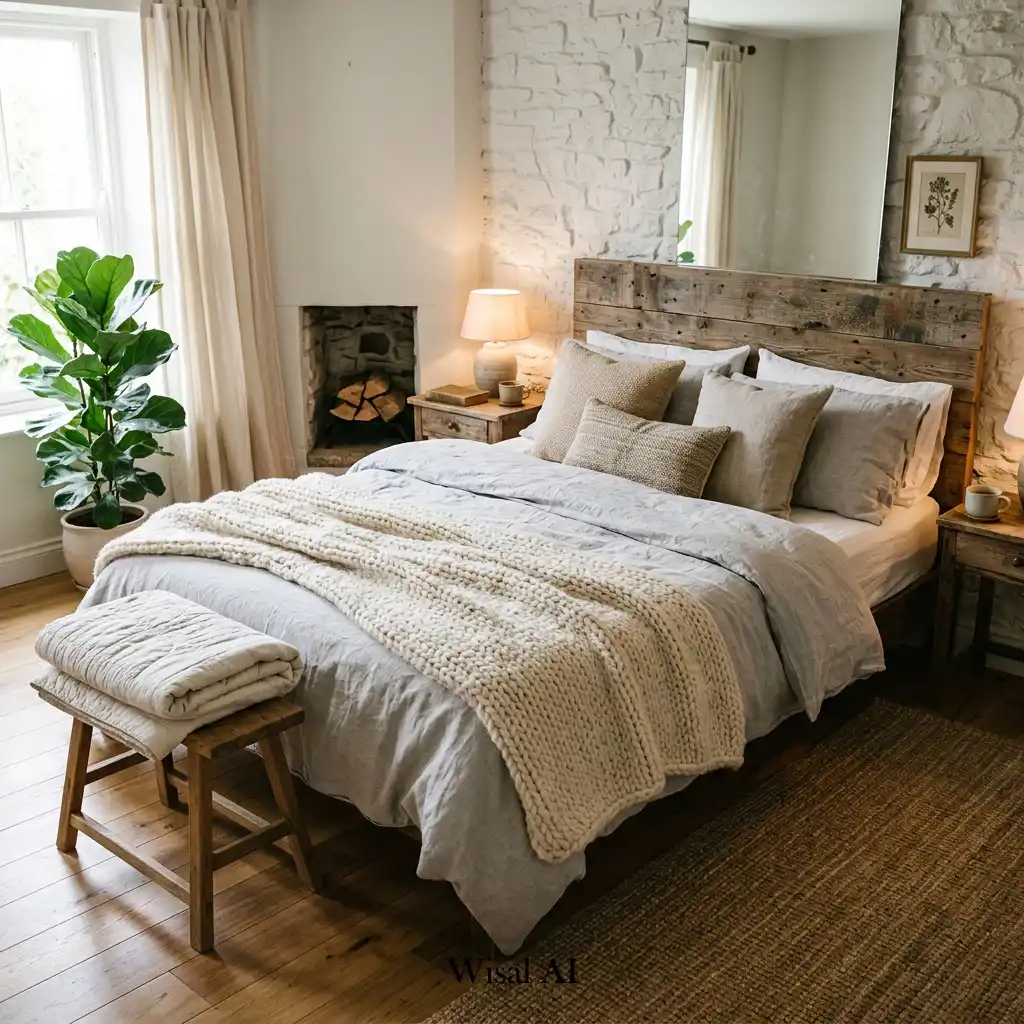 Cozy bedroom designed with layered natural materials and textures.
