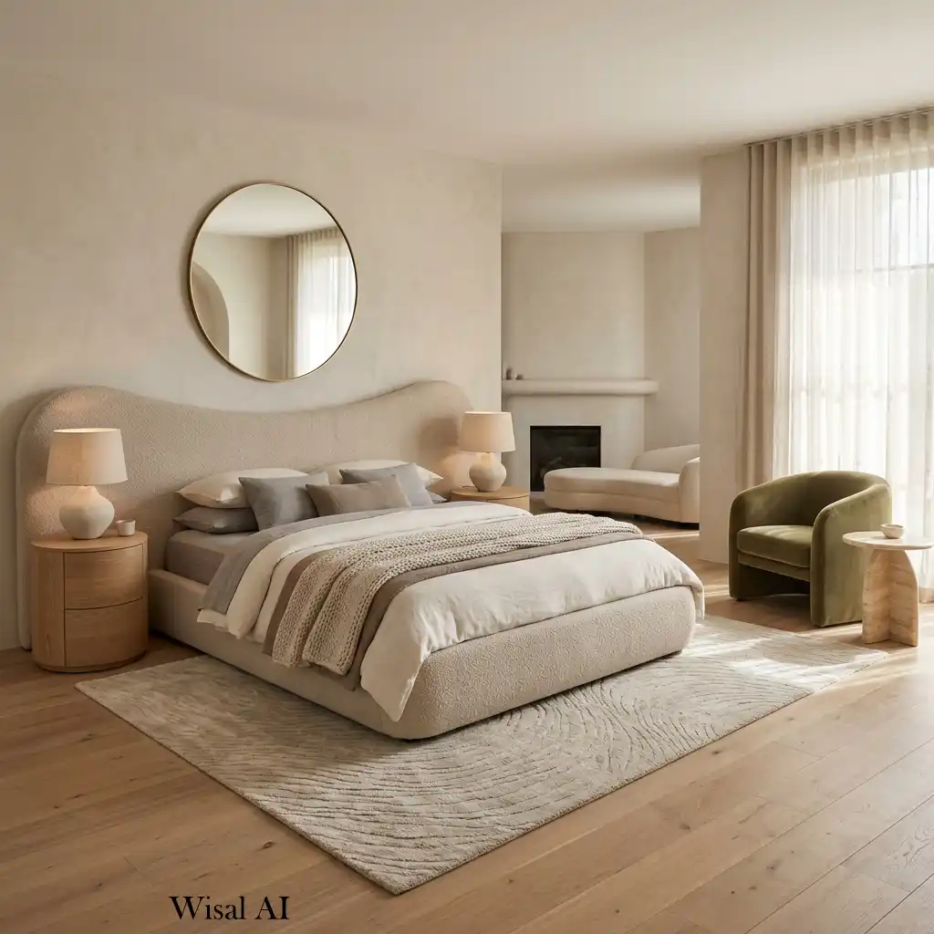Modern master bedroom with curved furniture and soft organic shapes