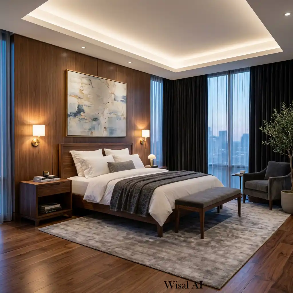 Hotel-inspired bedroom layout featuring symmetrical dark wood furniture.