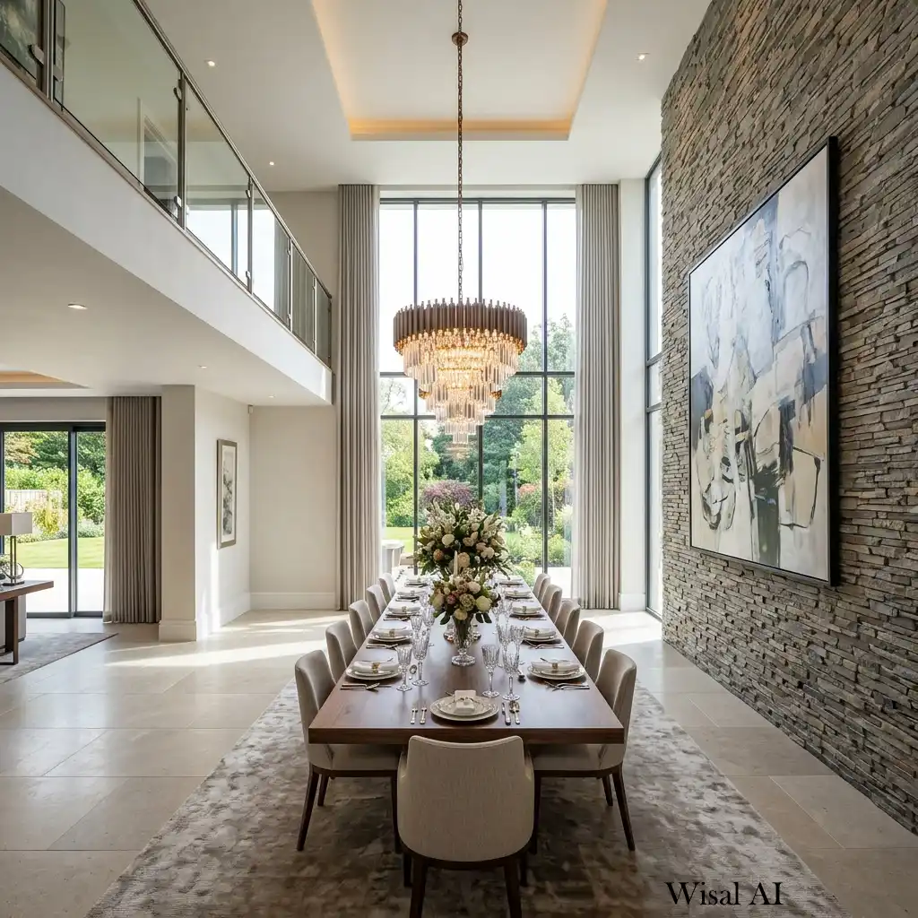 Luxury double-height dining room with dramatic ceilings and designer lighting
