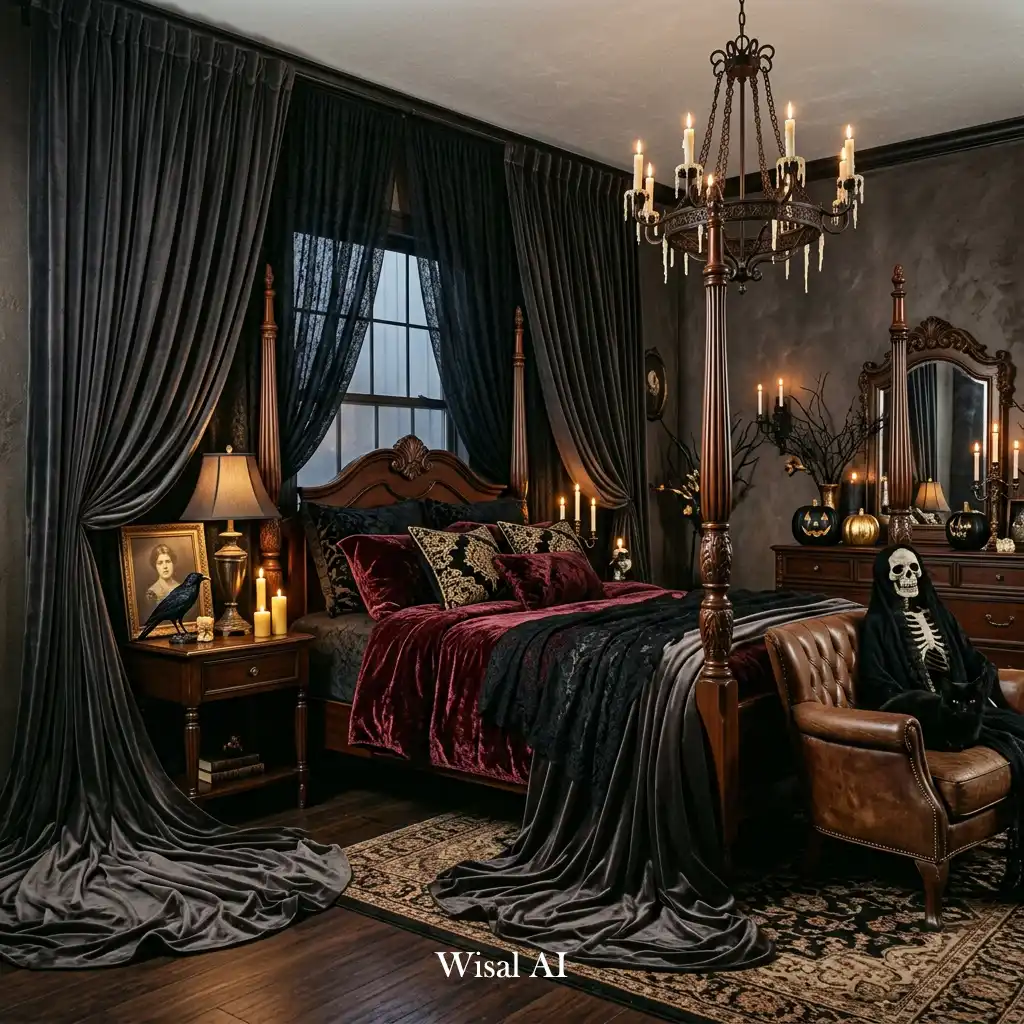 Gothic bedroom with floor-to-ceiling drapery and dark romantic styling.