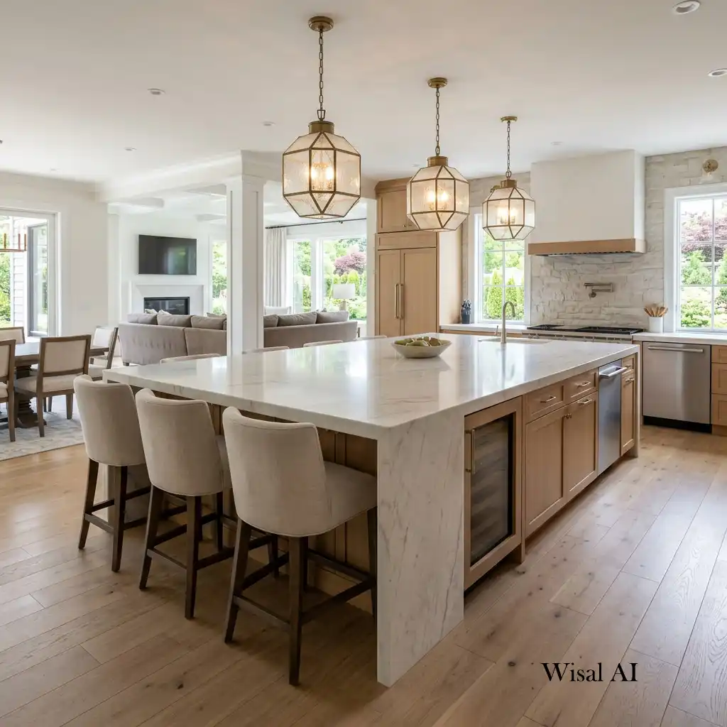 Spacious open-concept kitchen with a large waterfall island, built-in seating, premium materials, and statement pendant lighting.