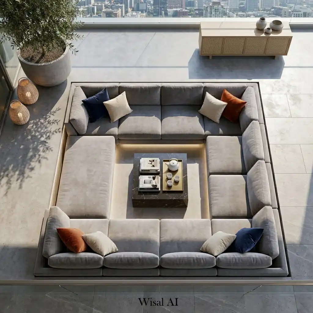 Modern balcony with conversation seating arranged around skyline views