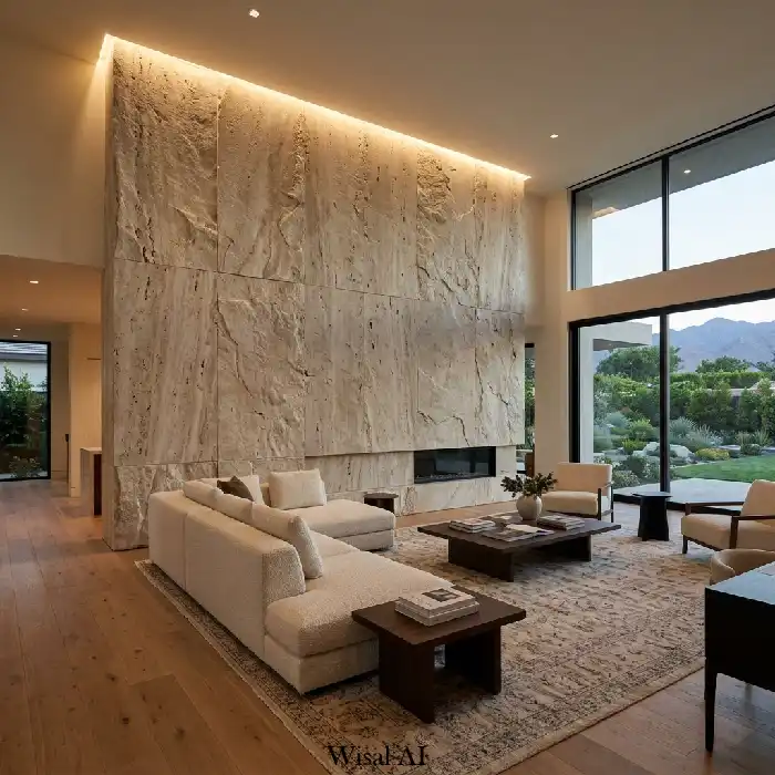 Ultra-luxury modern living room with a floor-to-ceiling travertine stone feature wall and warm ambient lighting