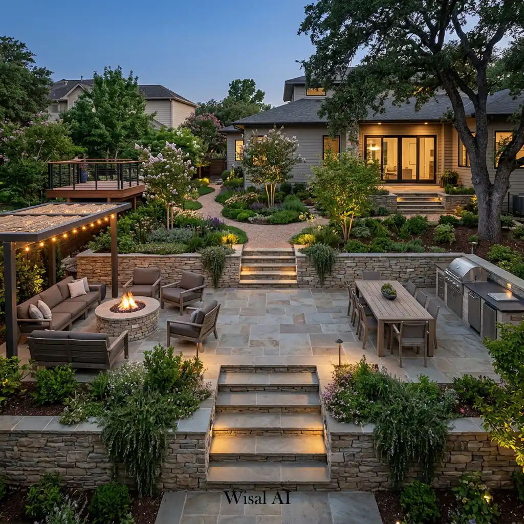 Multi-level backyard with terraced landscaping, outdoor seating, and modern hardscaping