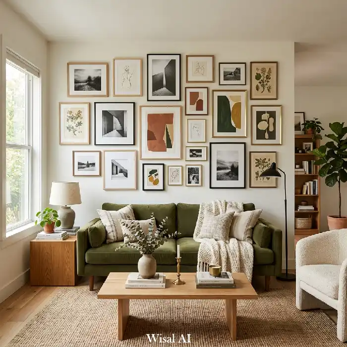 Olive green living room with statement gallery wall, curated artwork, and contemporary styling