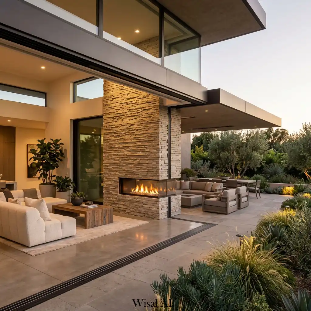 Indoor-outdoor fireplace wall connecting luxury living and entertaining spaces