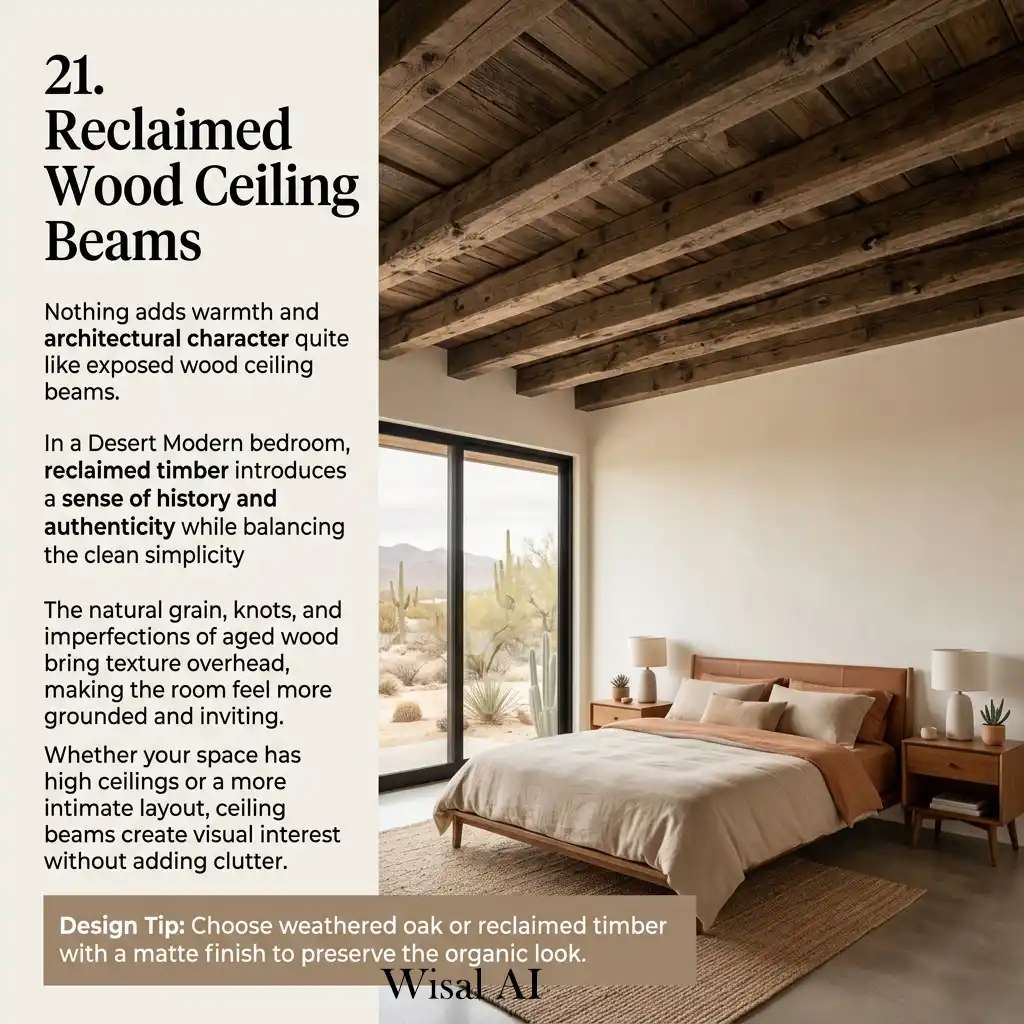 Reclaimed wood ceiling beams in earthy bedroom