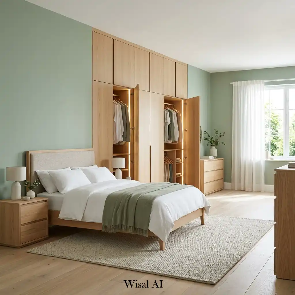 Floor-to-ceiling white oak wardrobes in a sage green bedroom.