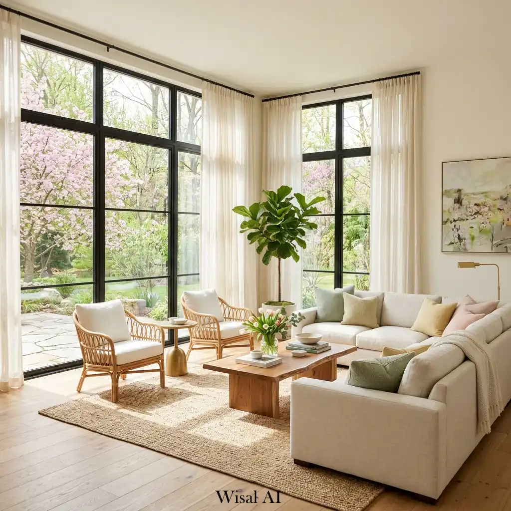 Large windows flooding spring living room with natural light.