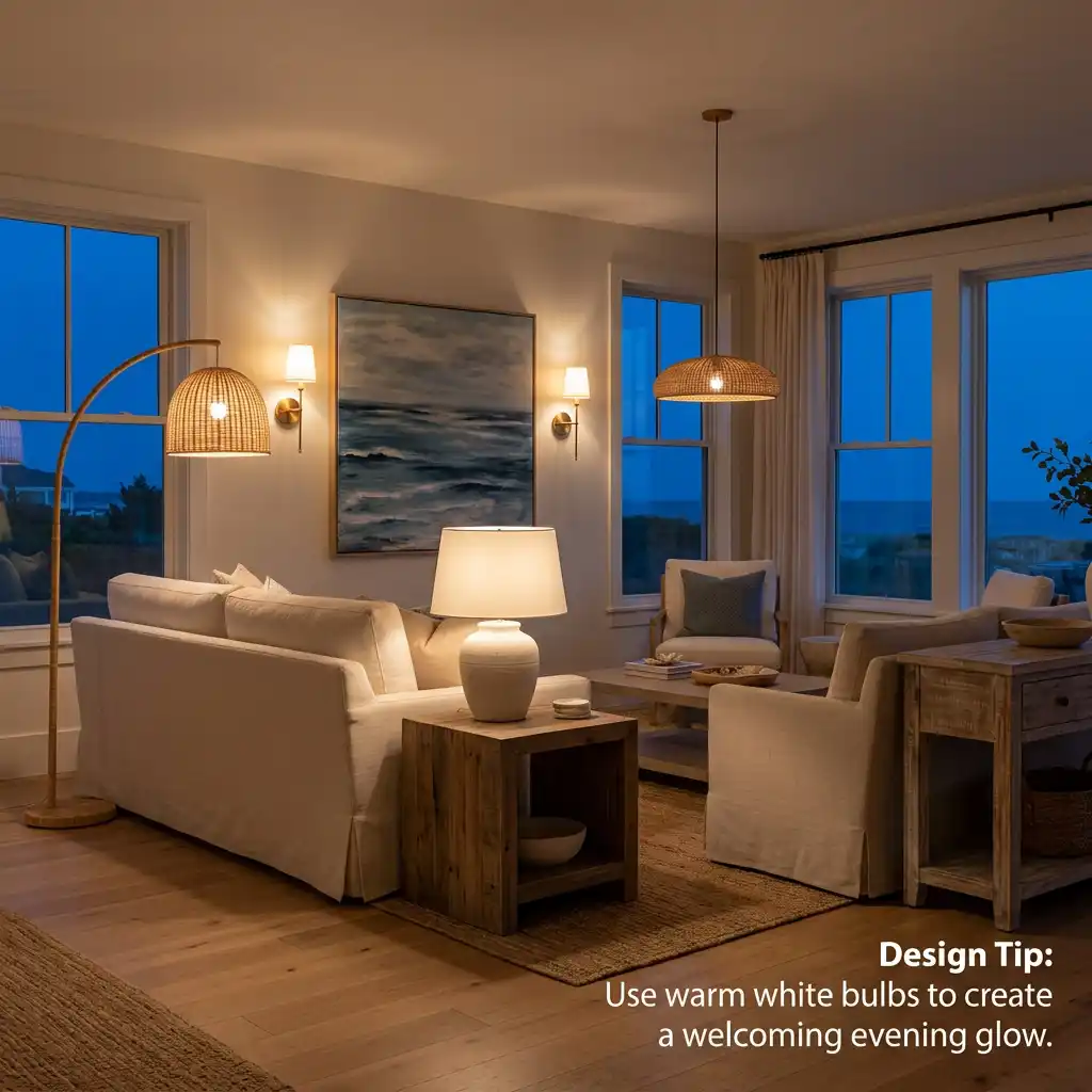 Bright summer living room with layered ambient lighting.