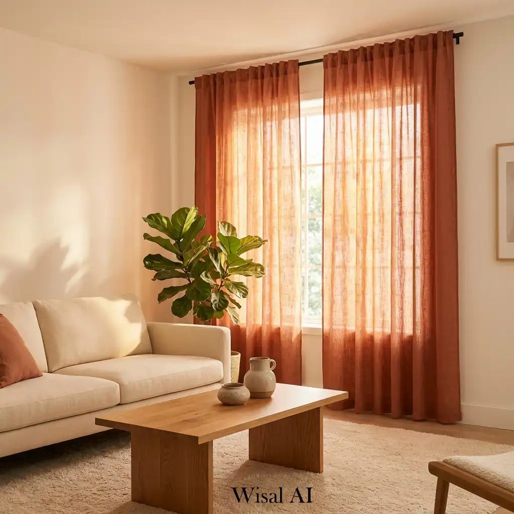 Soft terracotta linen curtains filtering natural sunlight