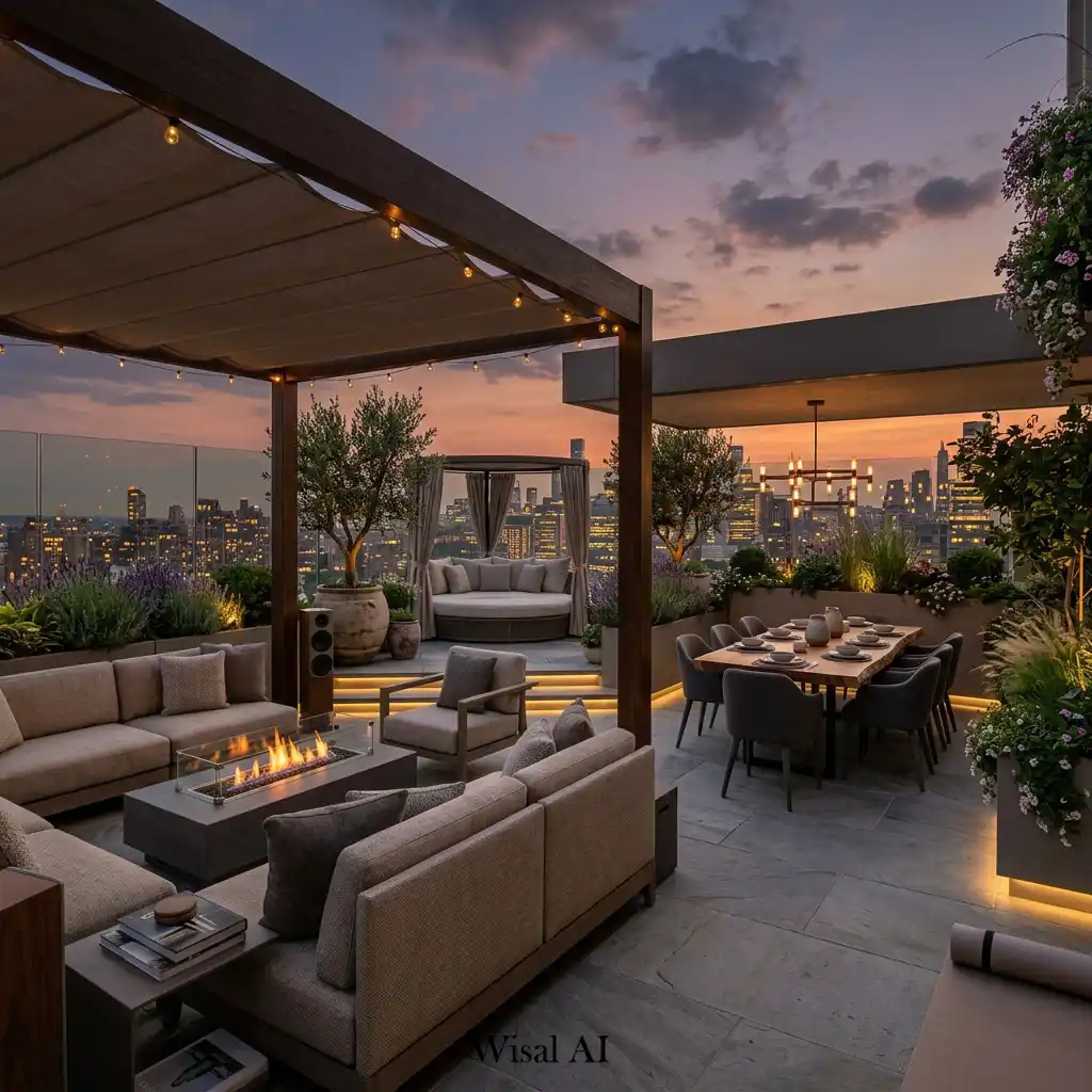 Ultimate luxury rooftop terrace featuring premium outdoor living spaces with breathtaking panoramic views