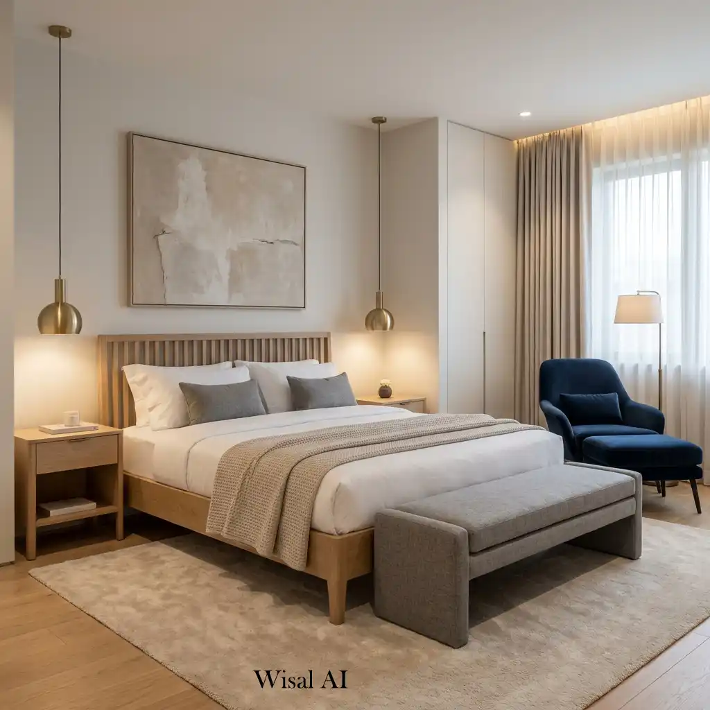 Hotel-inspired white oak bedroom with symmetrical furniture and luxury bedding.