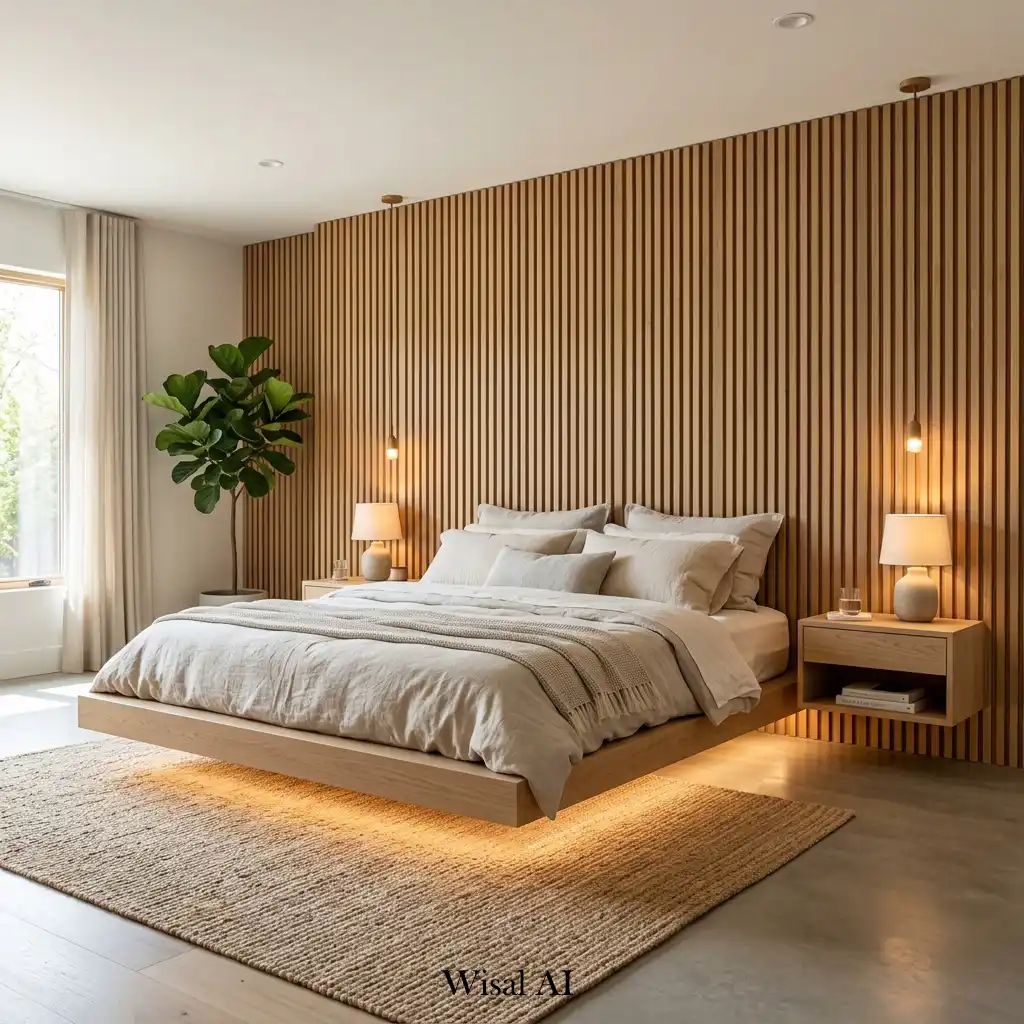 White oak wood slat wall paired with a floating platform bed.